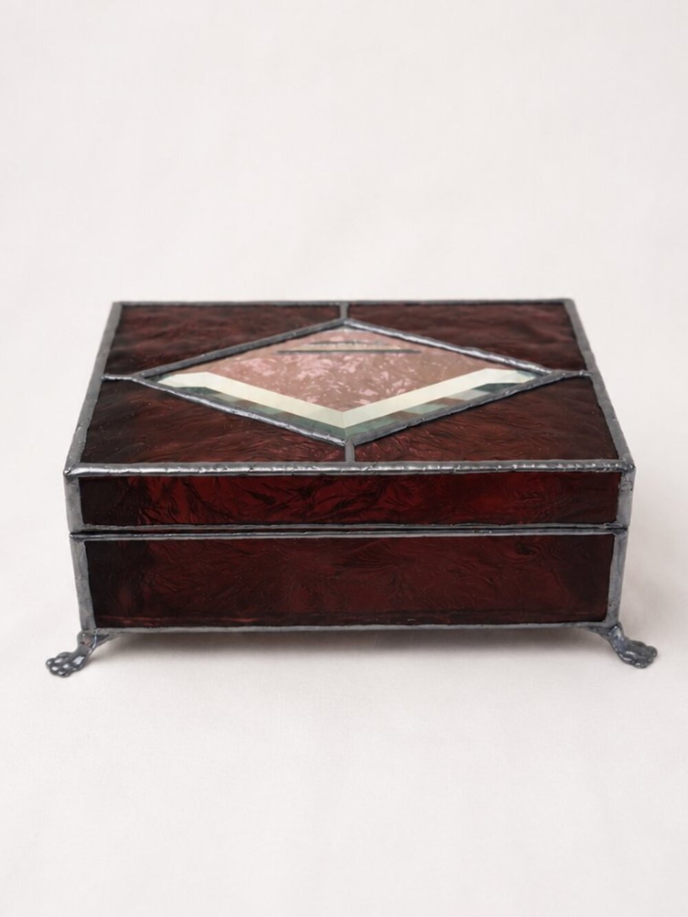 Handmade Stained Glass Jewelry Box with Beveled Glass Lid & Claw Feet